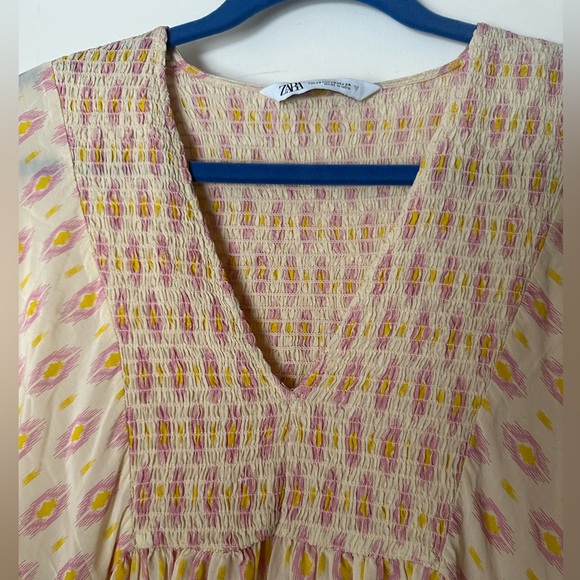 Zara Pink Yellowish Geometric Print Oversized Smock Front ViscoseCotton Dress XS - Picture 12 of 16
